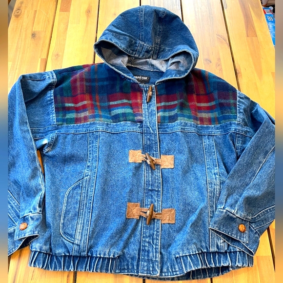Braetan Unisex Cotton Jean‎ Plaid Accent Jacket With Toggle Buttons Size Medium - Picture 1 of 4